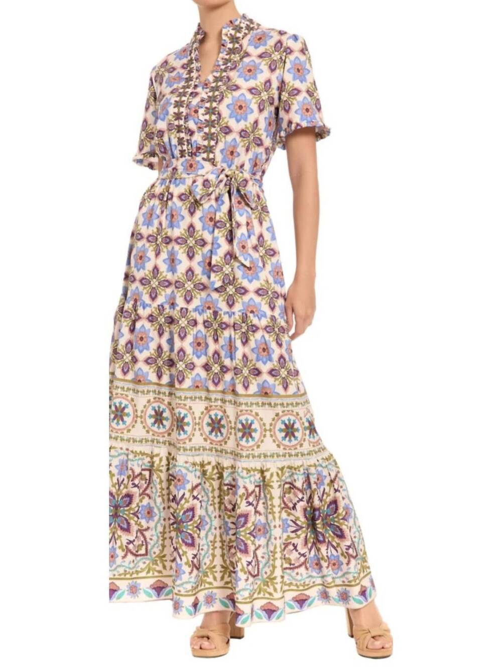 NEW LONDON TIMES geometric tile print maxi dress in cream lavender